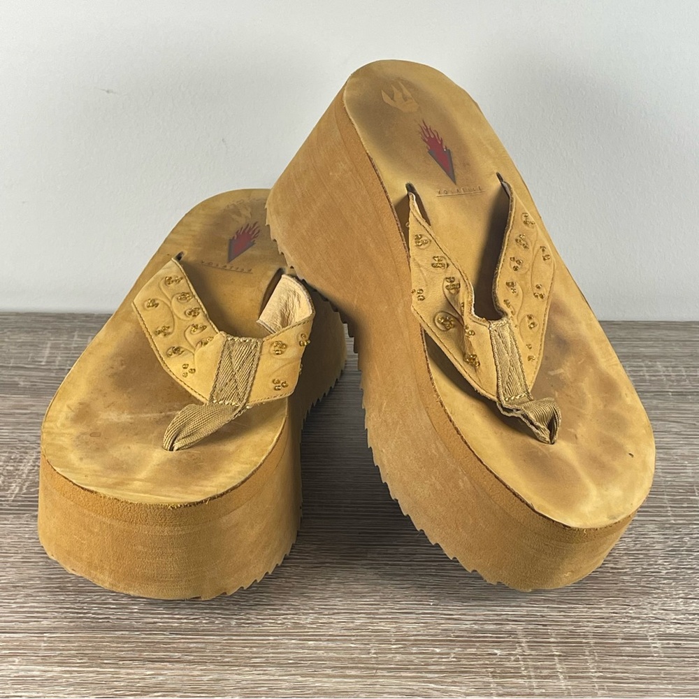 Y2K Volatile Leather Platform Flip Flops Wedge Thong Sandals - Size 7 - Picture 4 of 5